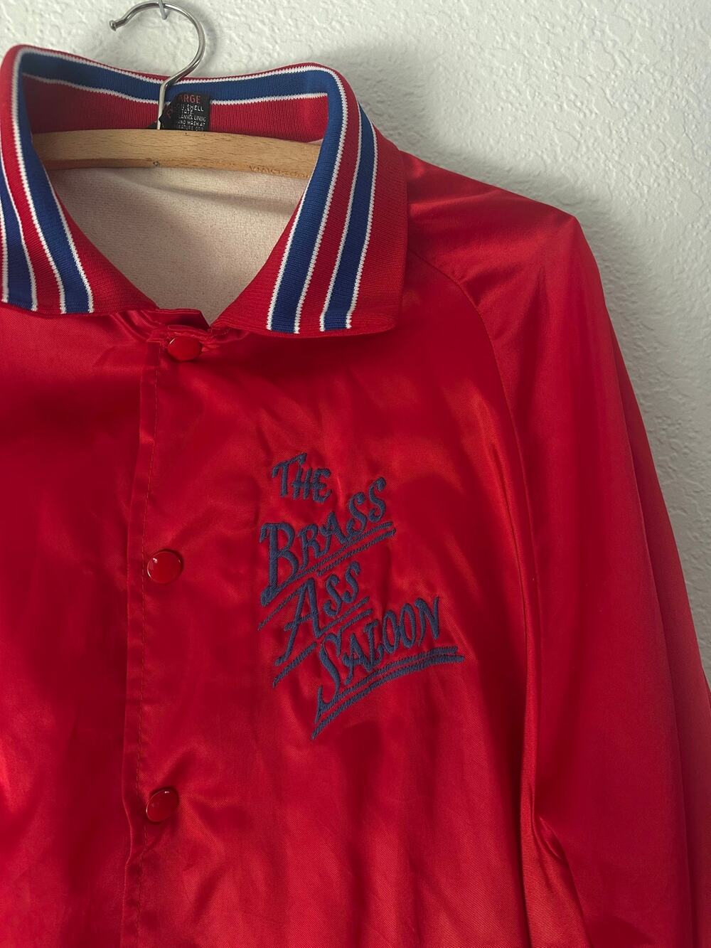 Vintage 1980s Brass Ass Saloon Red Satin Coach Jacket Chain Stitch Bomber XL
